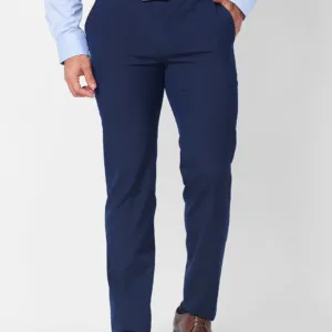 Men Blue Solid Slim Fit Polyester Blend Trouser