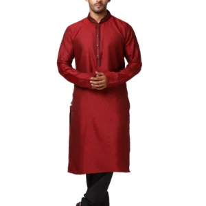 Ethnics Men Red Jacquard Polyester Kurta